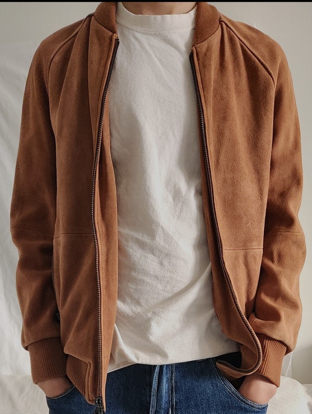 Men's Chestnut Suede-Effect Bomber Jacket